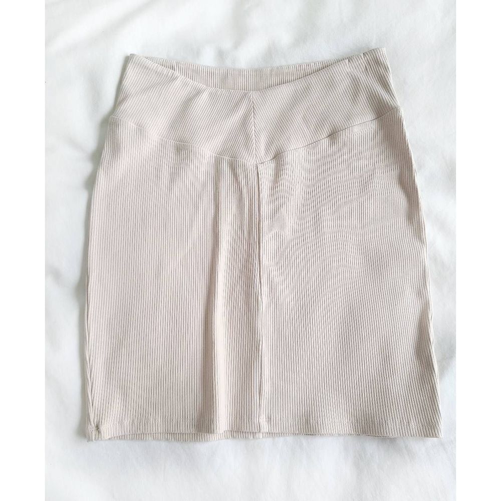 Naked Wardrobe Womens Stretch Wide Waistband Pull-On Ribbed Skirt Oatmeal Large